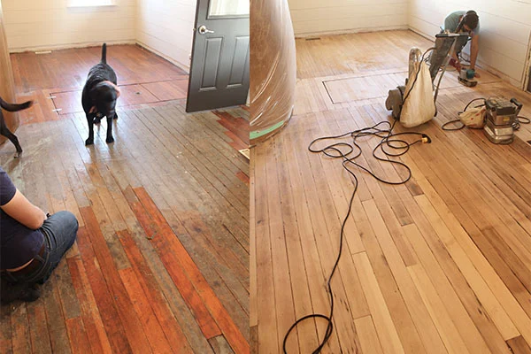 Hardwood floor before and after restoration